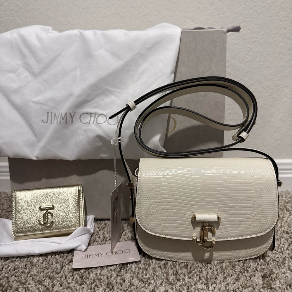Jimmy Choo Cream Crossbody Bag with Gold Accents With Gold wallet.